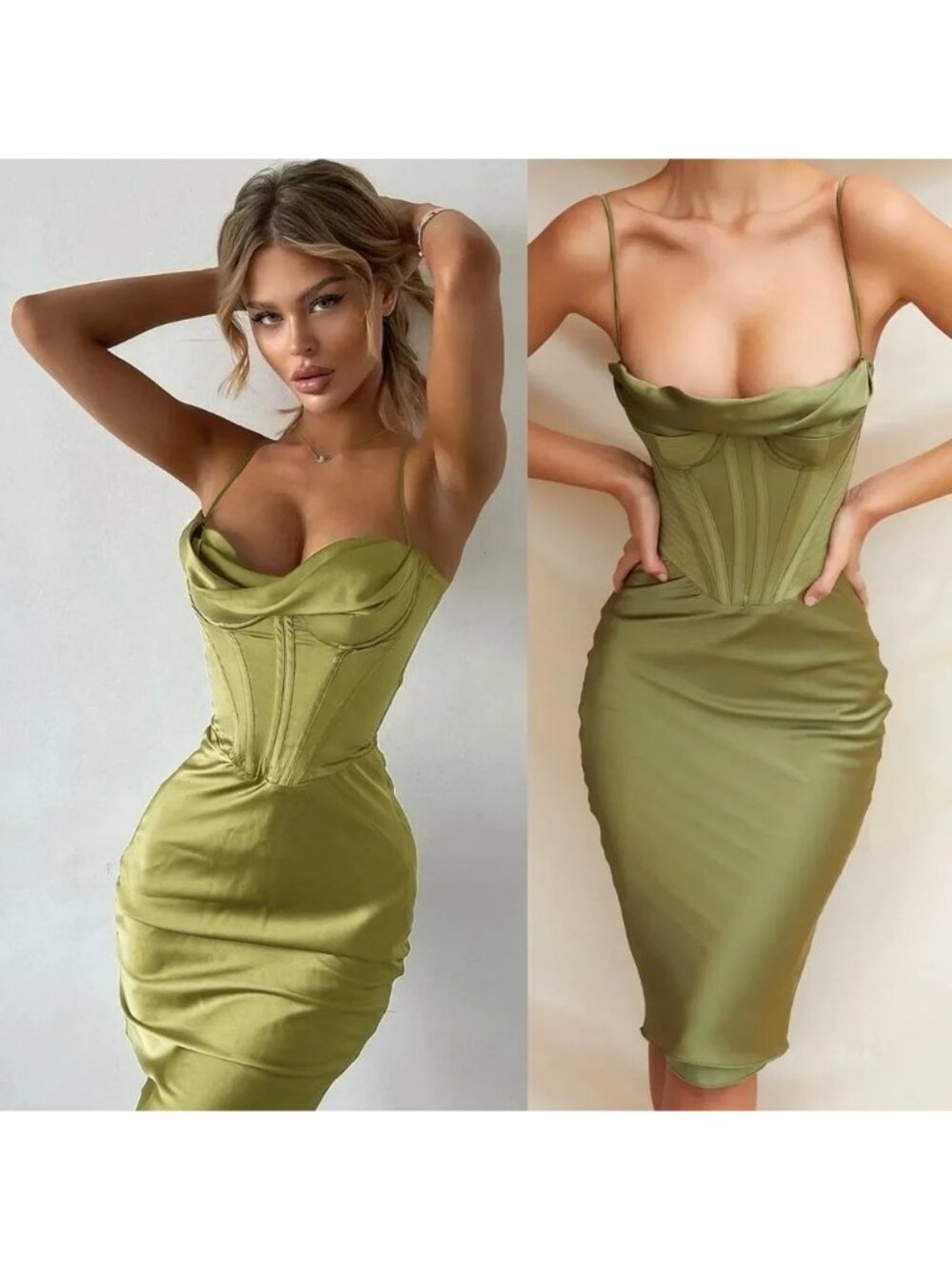 NEW $269 House of CB Myrna Olive Corset Slip Dress Cowl Neck Silk Satin Small